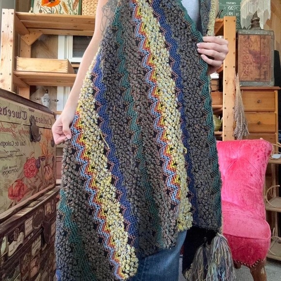 Boho Chunky Knit Longline Vest Multi Color Chevron Popcorn Stitch Tassel Hem - Picture 3 of 8